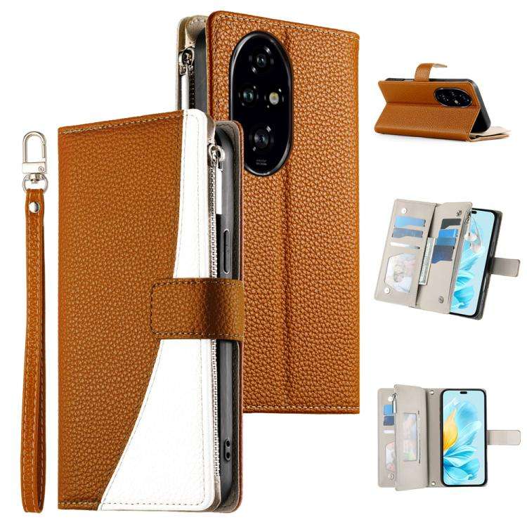 For Honor 200 Pro Stitching Multi-card Zipper Wallet Leather Phone Case with Short Strap(Brown)
