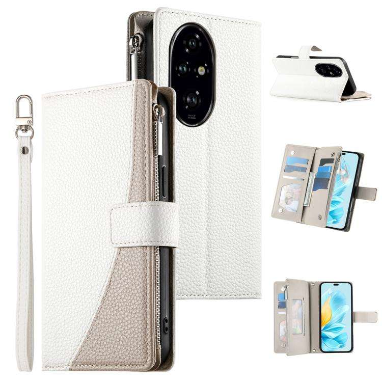 For Honor 200 Pro Stitching Multi-card Zipper Wallet Leather Phone Case with Short Strap(White)