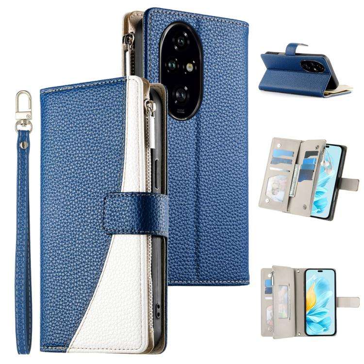 For Honor 200 Pro Stitching Multi-card Zipper Wallet Leather Phone Case with Short Strap(Dark Blue)