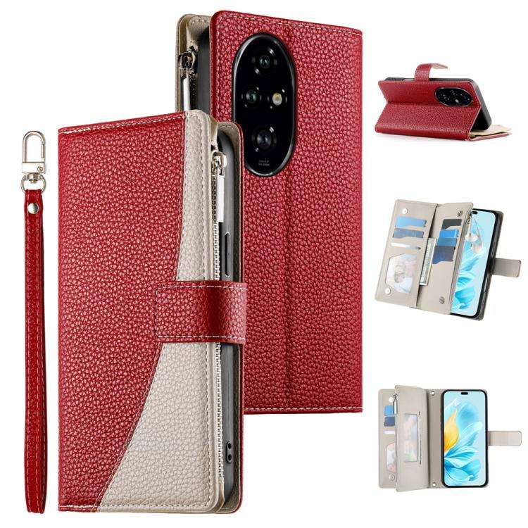 For Honor 200 Pro Stitching Multi-card Zipper Wallet Leather Phone Case with Short Strap(Red)