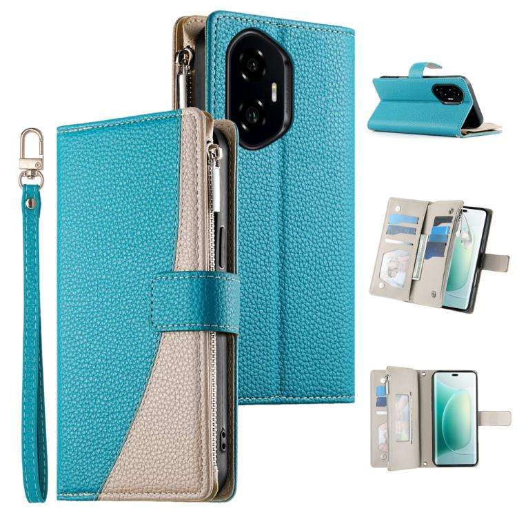 For Honor 300 Stitching Multi-card Zipper Wallet Leather Phone Case with Short Strap(Blue)