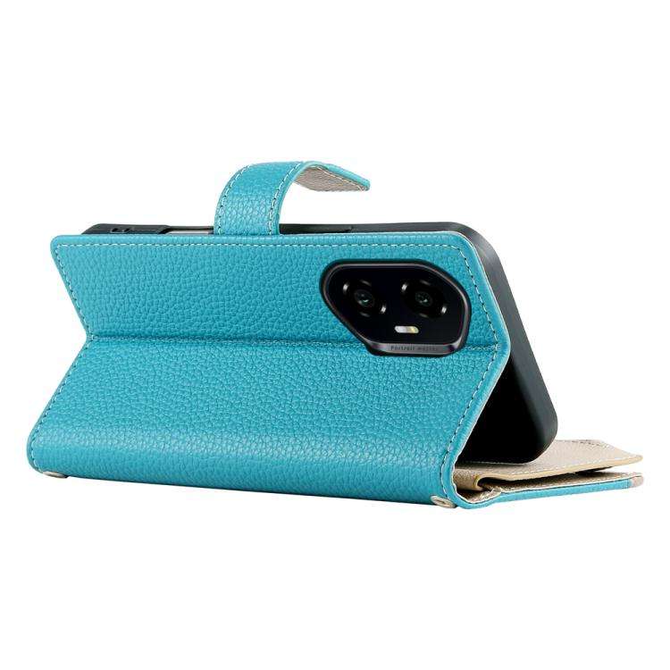 For Honor 300 Stitching Multi-card Zipper Wallet Leather Phone Case with Short Strap(Blue)