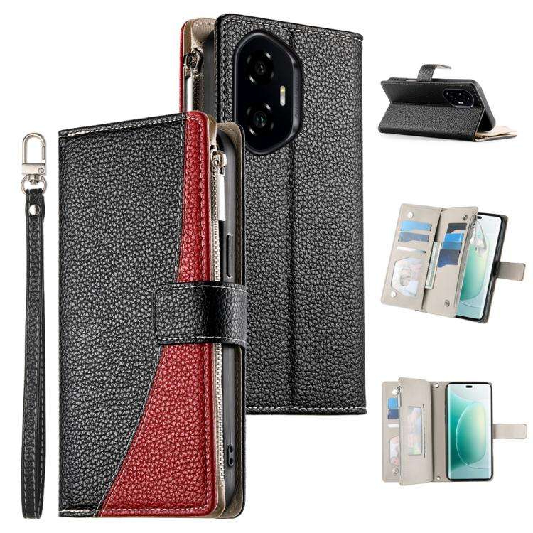 For Honor 300 Stitching Multi-card Zipper Wallet Leather Phone Case with Short Strap(Black)