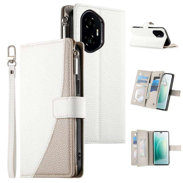 For Honor 300 Stitching Multi-card Zipper Wallet Leather Phone Case with Short Strap(White)