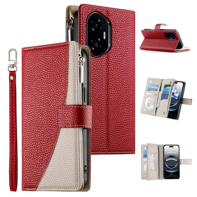 For Honor 300 Stitching Multi-card Zipper Wallet Leather Phone Case with Short Strap(Red)