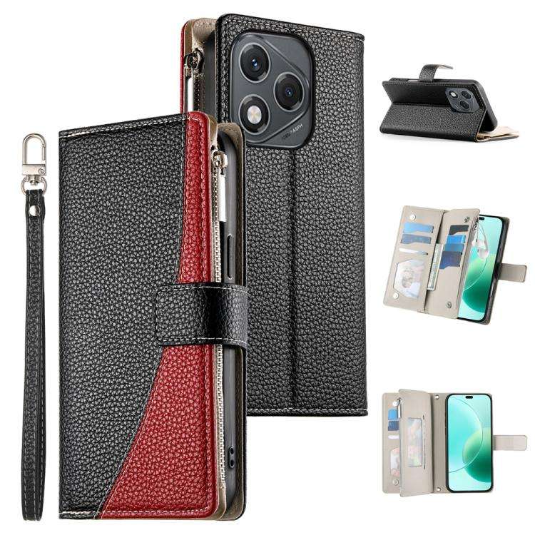 For Honor 400 Lite Global Stitching Multi-card Zipper Wallet Leather Phone Case with Short Strap(...