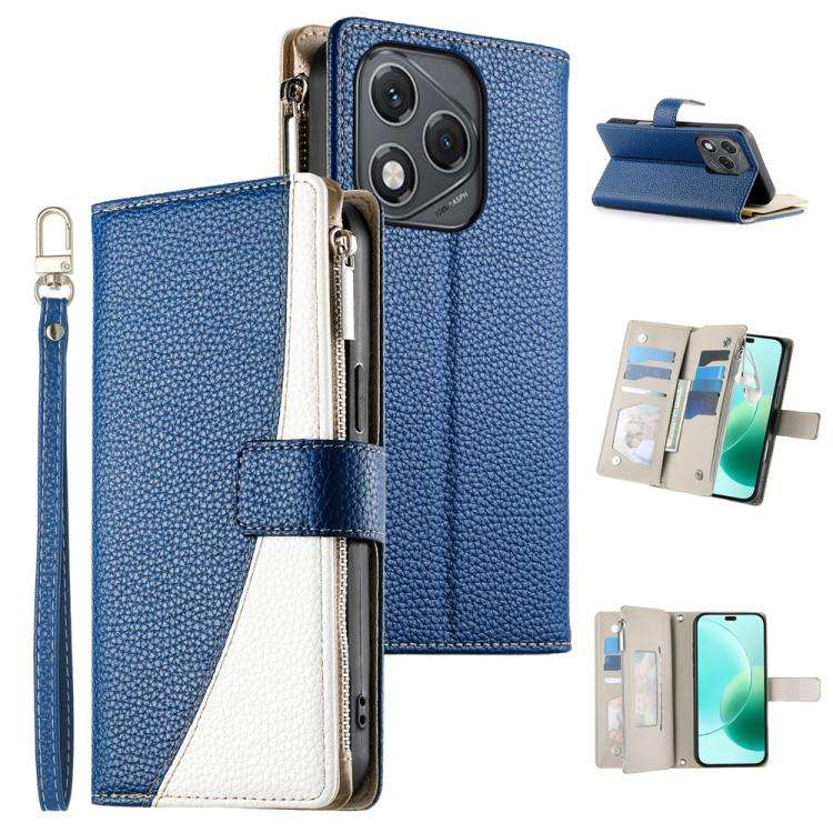 For Honor 400 Lite Global Stitching Multi-card Zipper Wallet Leather Phone Case with Short Strap(...