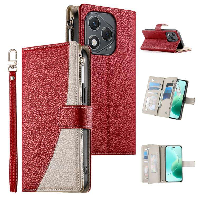 For Honor 400 Lite Global Stitching Multi-card Zipper Wallet Leather Phone Case with Short Strap(...
