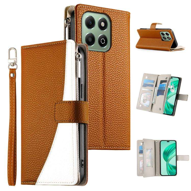 For Honor X6a / Honor X6b 4G Stitching Multi-card Zipper Wallet Leather Phone Case with Short Str...