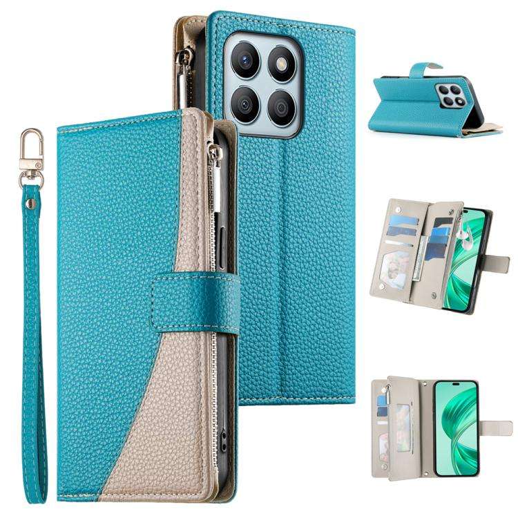 For Honor X8b Stitching Multi-card Zipper Wallet Leather Phone Case with Short Strap(Blue)