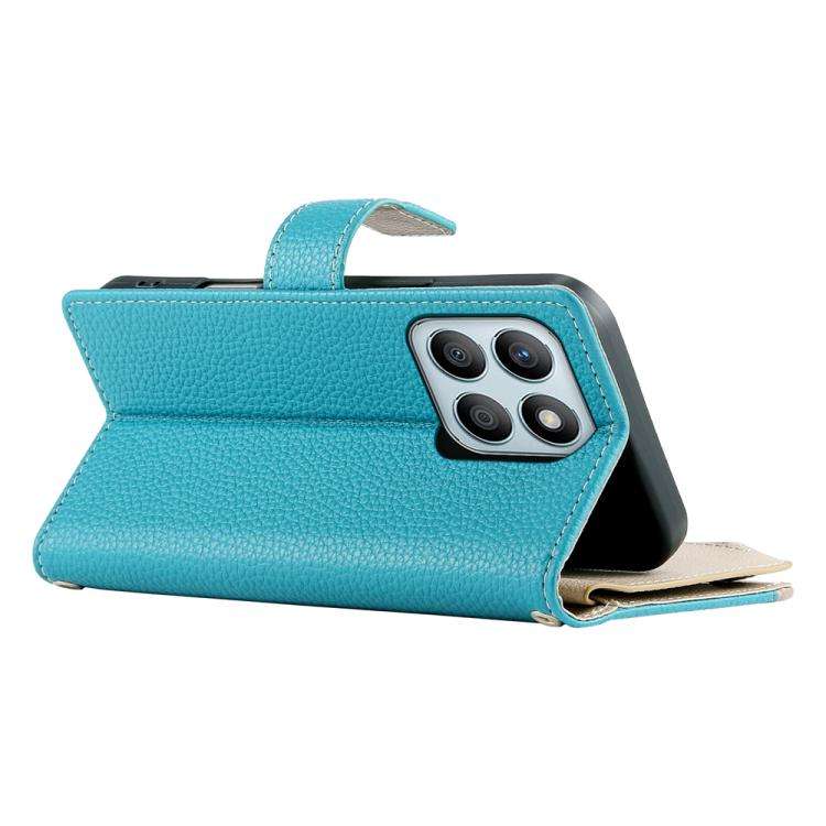 For Honor X8b Stitching Multi-card Zipper Wallet Leather Phone Case with Short Strap(Blue)