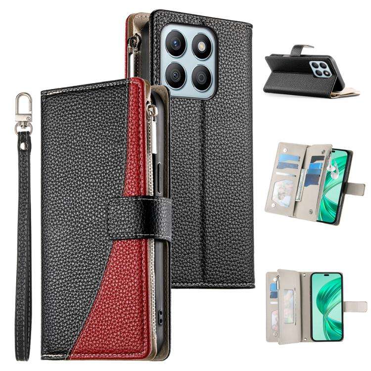 For Honor X8b Stitching Multi-card Zipper Wallet Leather Phone Case with Short Strap(Black)
