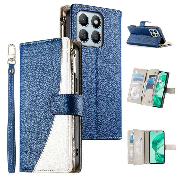 For Honor X8b Stitching Multi-card Zipper Wallet Leather Phone Case with Short Strap(Dark Blue)