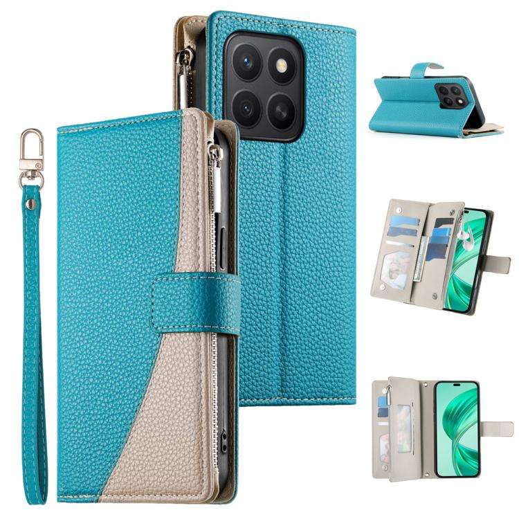 For Honor X8c 4G Stitching Multi-card Zipper Wallet Leather Phone Case with Short Strap(Blue)