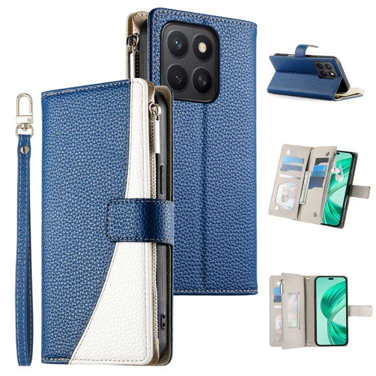 For Honor X8c 4G Stitching Multi-card Zipper Wallet Leather Phone Case with Short Strap(Dark Blue)