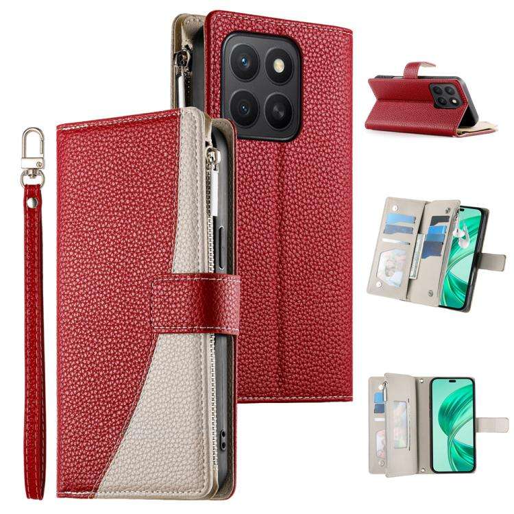 For Honor X8c 4G Stitching Multi-card Zipper Wallet Leather Phone Case with Short Strap(Red)