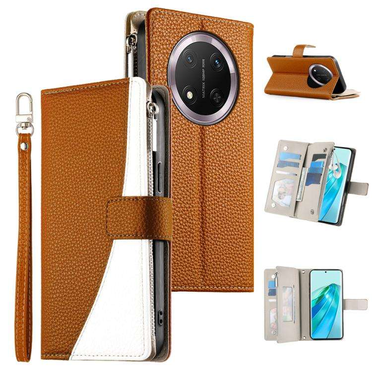 For Honor X9c / Magic7 Lite Stitching Multi-card Zipper Wallet Leather Phone Case with Short Stra...