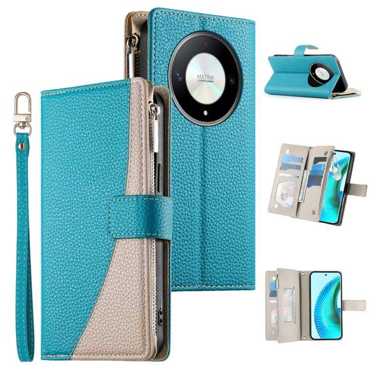 For Honor X50 / Honor X9b Stitching Multi-card Zipper Wallet Leather Phone Case with Short Strap(...