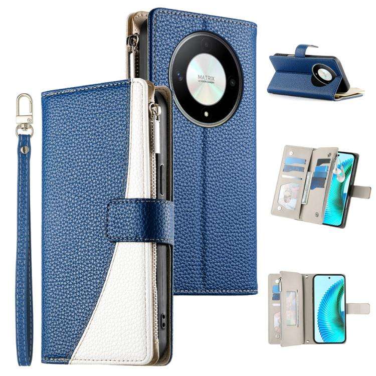 For Honor X50 / Honor X9b Stitching Multi-card Zipper Wallet Leather Phone Case with Short Strap(...
