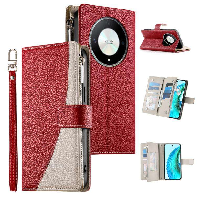 For Honor X50 / Honor X9b Stitching Multi-card Zipper Wallet Leather Phone Case with Short Strap(...