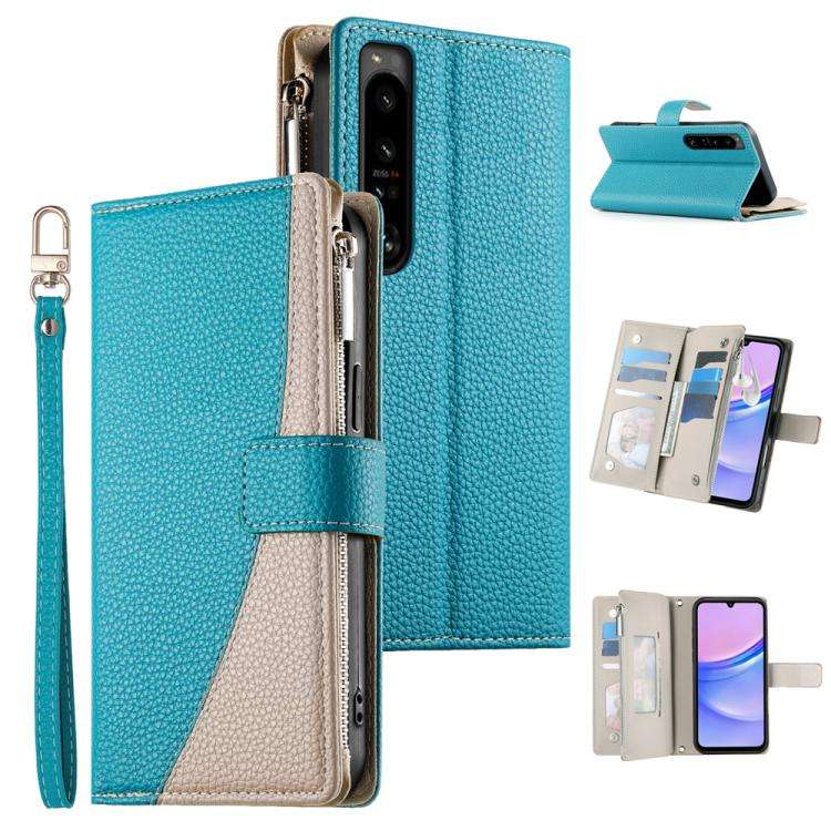 For Sony Xperia 1 IV Stitching Multi-card Zipper Wallet Leather Phone Case with Short Strap(Blue)
