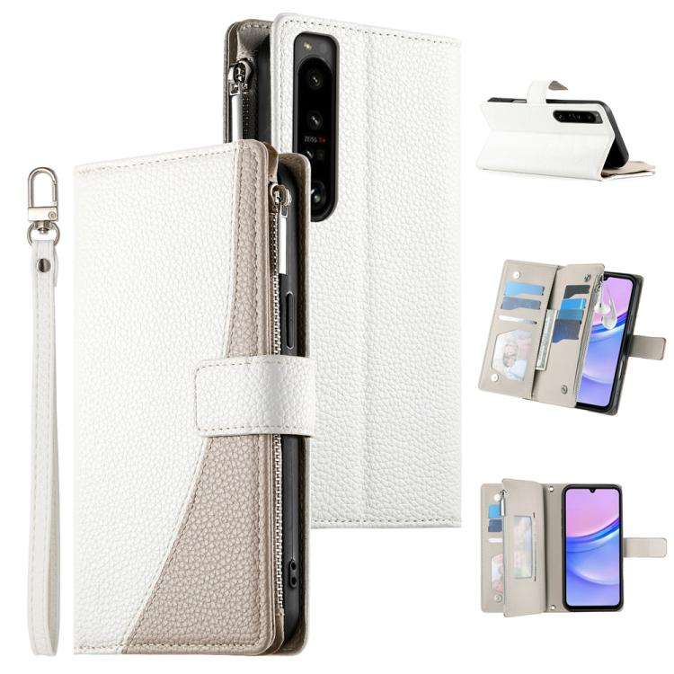 For Sony Xperia 1 IV Stitching Multi-card Zipper Wallet Leather Phone Case with Short Strap(White)