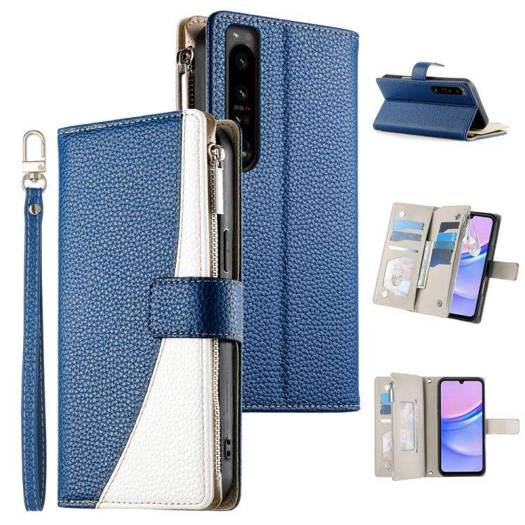 For Sony Xperia 1 IV Stitching Multi-card Zipper Wallet Leather Phone Case with Short Strap(Dark ...