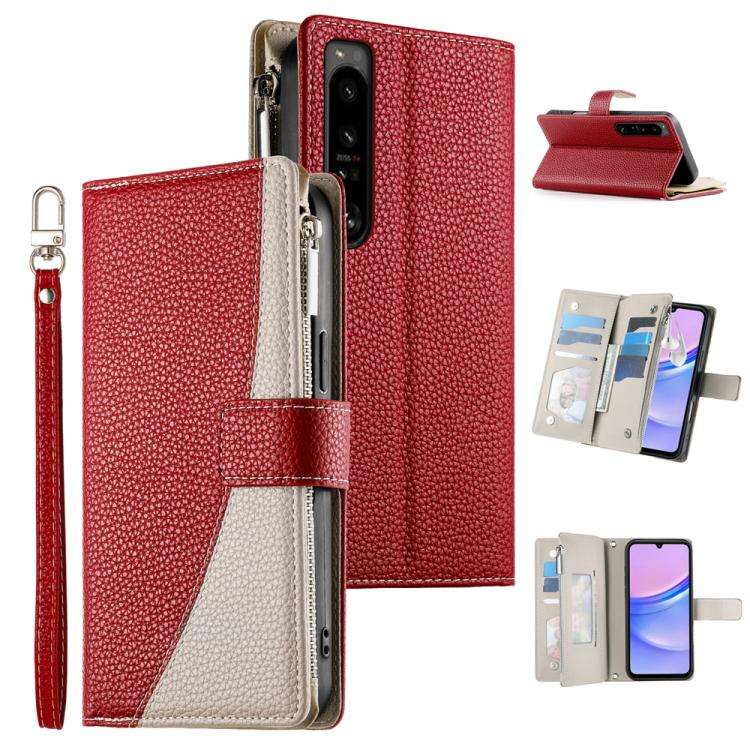 For Sony Xperia 1 IV Stitching Multi-card Zipper Wallet Leather Phone Case with Short Strap(Red)