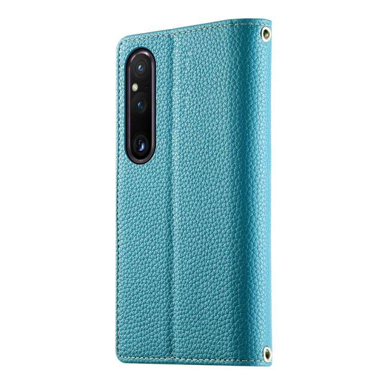 For Sony Xperia 1 V Stitching Multi-card Zipper Wallet Leather Phone Case with Short Strap(Blue)