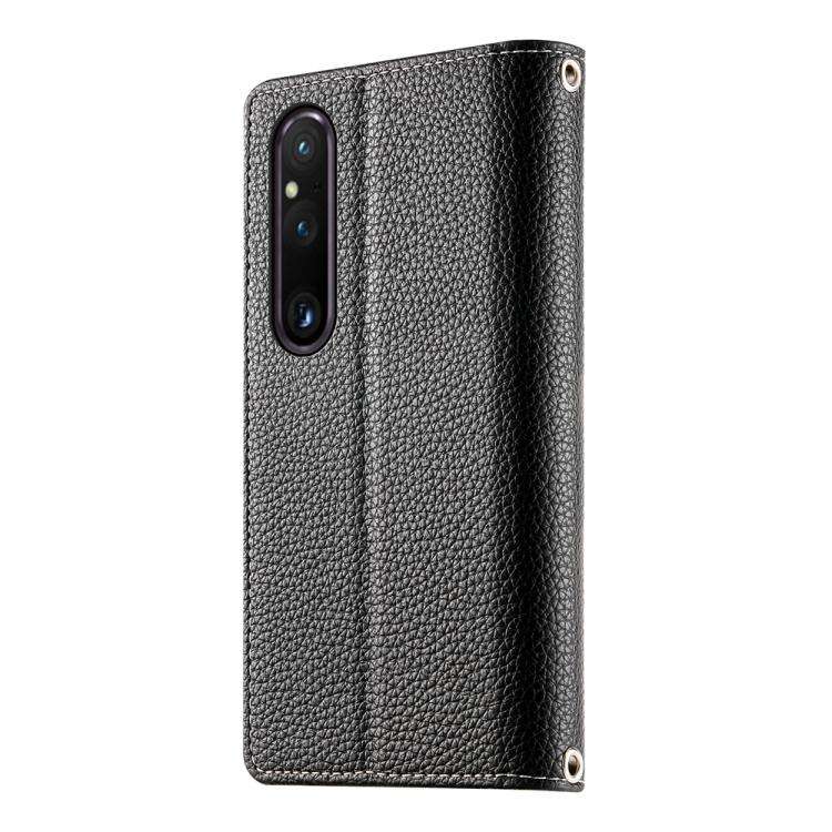 For Sony Xperia 1 V Stitching Multi-card Zipper Wallet Leather Phone Case with Short Strap(Black)