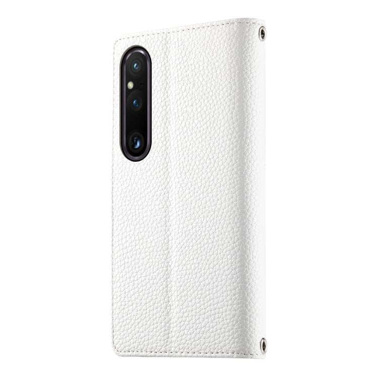 For Sony Xperia 1 V Stitching Multi-card Zipper Wallet Leather Phone Case with Short Strap(White)