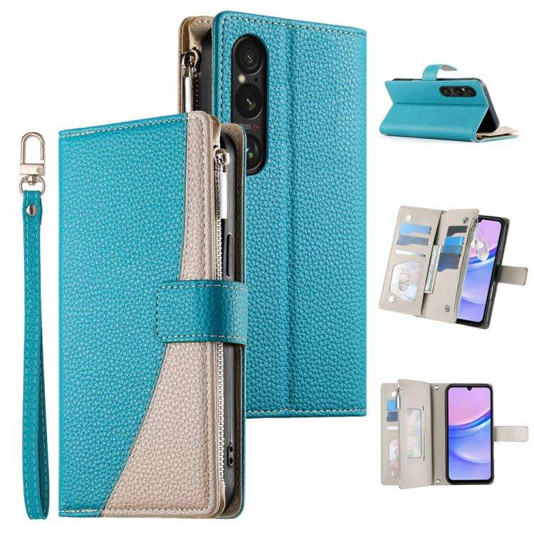 For Sony Xperia 1 VI Stitching Multi-card Zipper Wallet Leather Phone Case with Short Strap(Blue)
