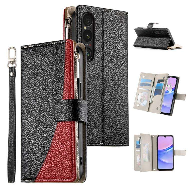 For Sony Xperia 1 VI Stitching Multi-card Zipper Wallet Leather Phone Case with Short Strap(Black)