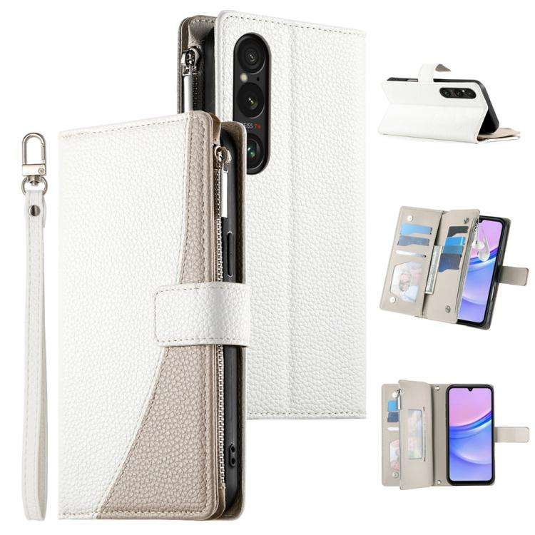 For Sony Xperia 1 VI Stitching Multi-card Zipper Wallet Leather Phone Case with Short Strap(White)
