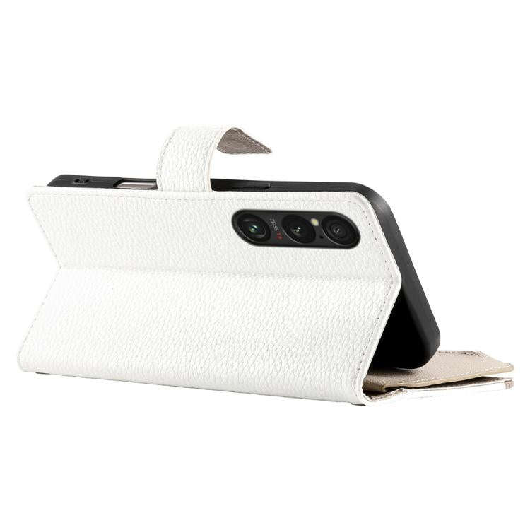 For Sony Xperia 1 VI Stitching Multi-card Zipper Wallet Leather Phone Case with Short Strap(White)