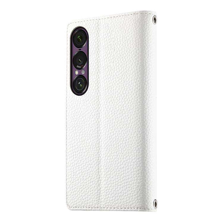 For Sony Xperia 1 VII Stitching Multi-card Zipper Wallet Leather Phone Case with Short Strap(White)