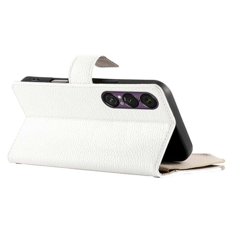 For Sony Xperia 1 VII Stitching Multi-card Zipper Wallet Leather Phone Case with Short Strap(White)