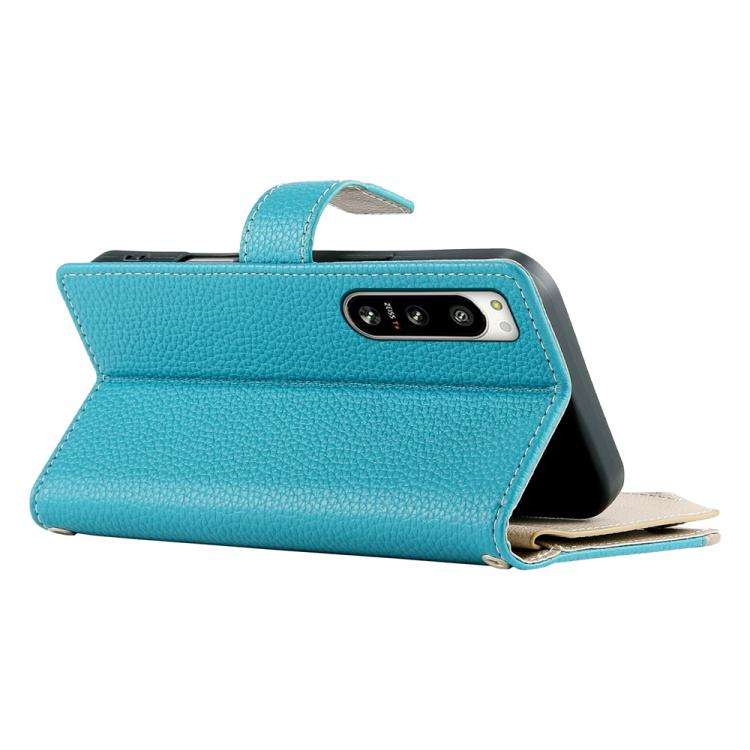 For Sony Xperia 5 IV Stitching Multi-card Zipper Wallet Leather Phone Case with Short Strap(Blue)