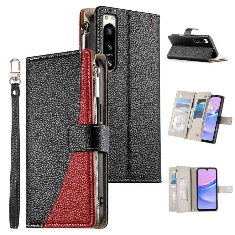 For Sony Xperia 5 IV Stitching Multi-card Zipper Wallet Leather Phone Case with Short Strap(Black)