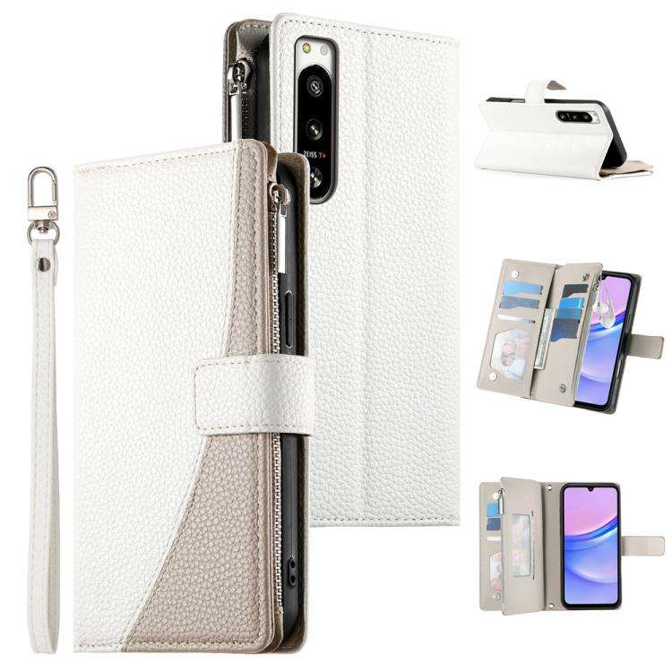 For Sony Xperia 5 IV Stitching Multi-card Zipper Wallet Leather Phone Case with Short Strap(White)
