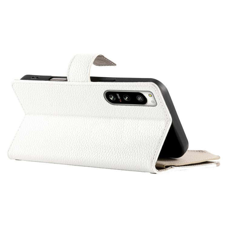 For Sony Xperia 5 IV Stitching Multi-card Zipper Wallet Leather Phone Case with Short Strap(White)