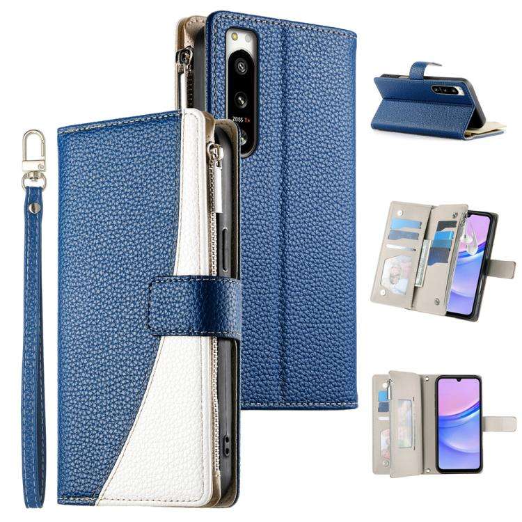 For Sony Xperia 5 IV Stitching Multi-card Zipper Wallet Leather Phone Case with Short Strap(Dark ...