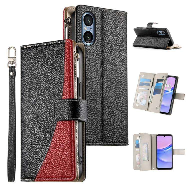 For Sony Xperia 5 V Stitching Multi-card Zipper Wallet Leather Phone Case with Short Strap(Black)