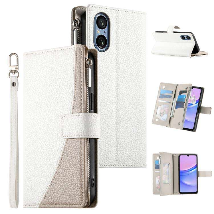 For Sony Xperia 5 V Stitching Multi-card Zipper Wallet Leather Phone Case with Short Strap(White)