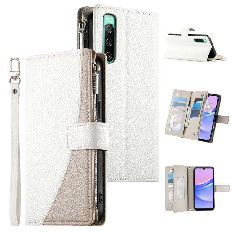 For Sony Xperia 10 IV Stitching Multi-card Zipper Wallet Leather Phone Case with Short Strap(White)