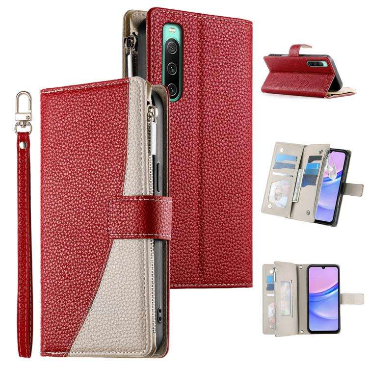 For Sony Xperia 10 IV Stitching Multi-card Zipper Wallet Leather Phone Case with Short Strap(Red)