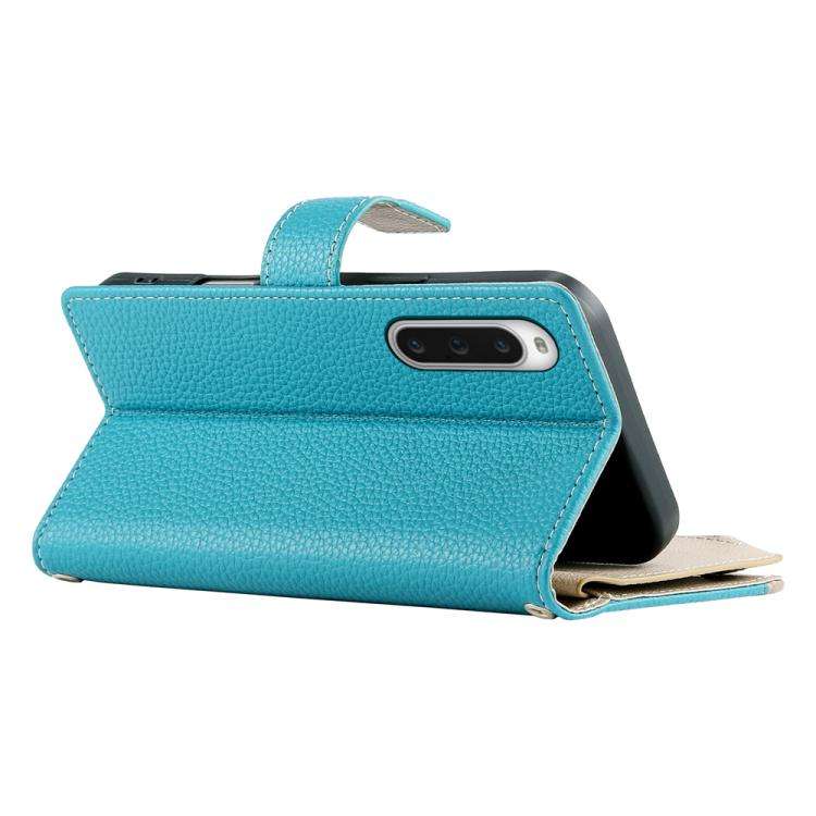For Sony Xperia 10 V Stitching Multi-card Zipper Wallet Leather Phone Case with Short Strap(Blue)