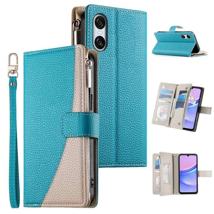 For Sony Xperia 10 VI Stitching Multi-card Zipper Wallet Leather Phone Case with Short Strap(Blue)