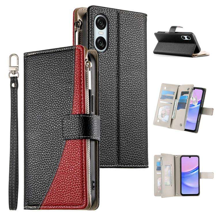 For Sony Xperia 10 VI Stitching Multi-card Zipper Wallet Leather Phone Case with Short Strap(Black)