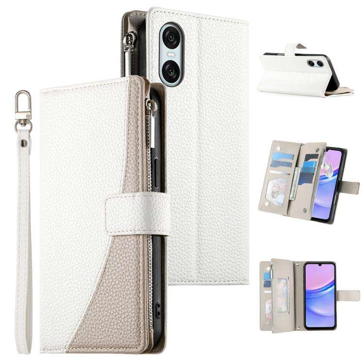 For Sony Xperia 10 VI Stitching Multi-card Zipper Wallet Leather Phone Case with Short Strap(White)